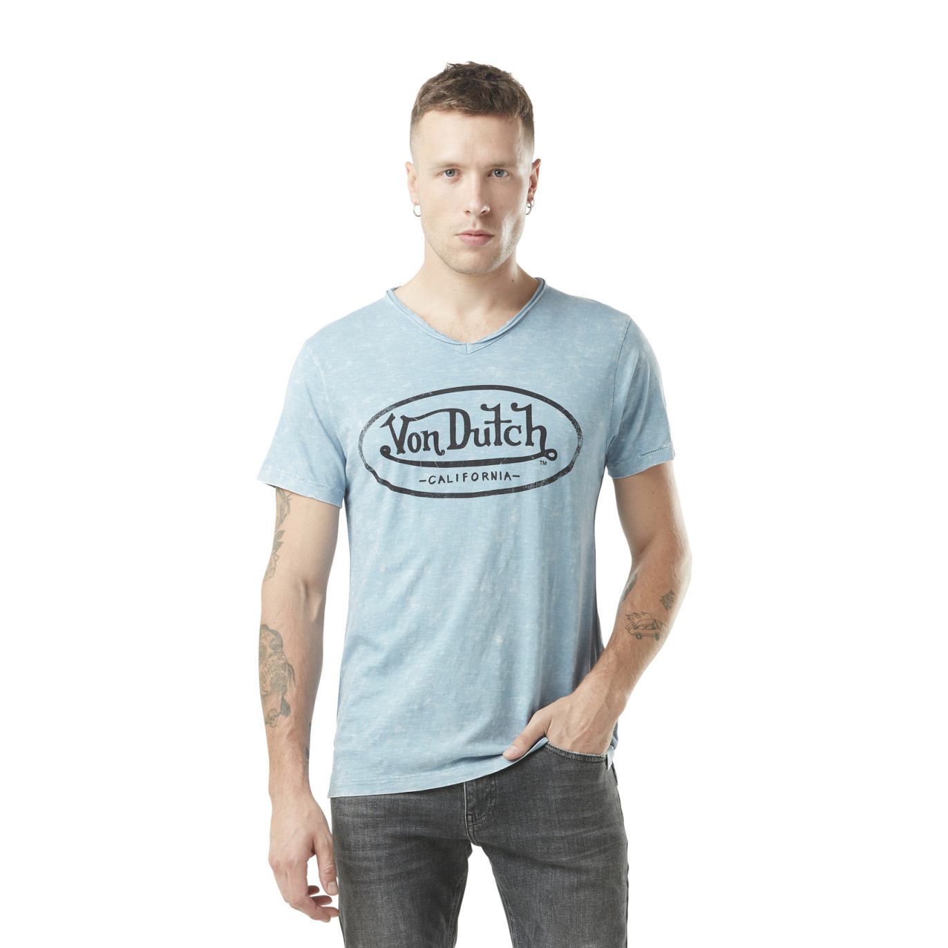 T-shirt homme col v avec traitement en coton Ron Vondutch - 1