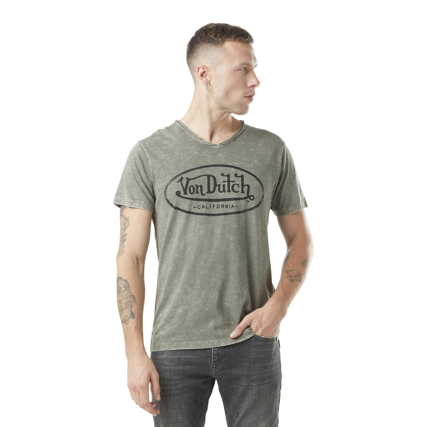 T-shirt homme col v avec traitement en coton Ron Vondutch - 1