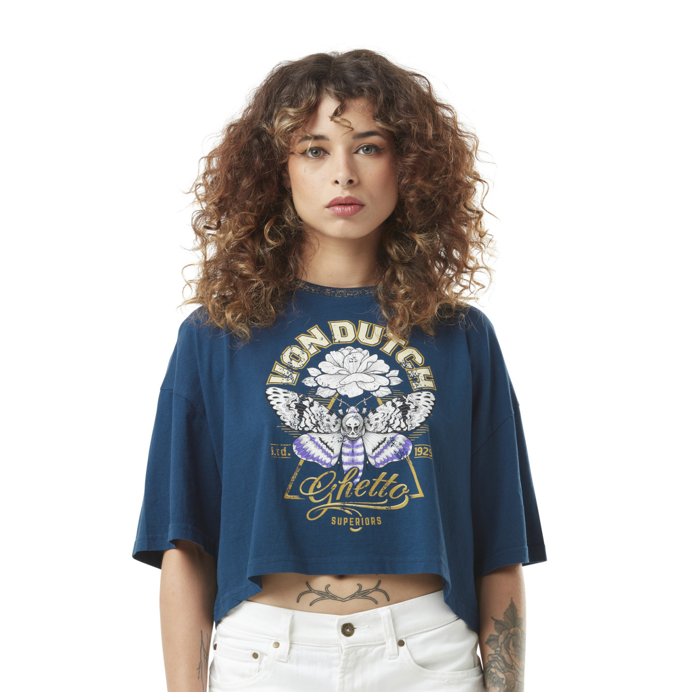 Crop top femme loose avec col constraté et print devant en coton Bu Vondutch - 1