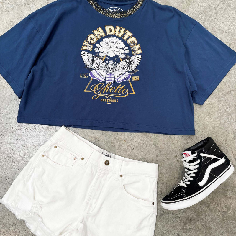 Crop top femme loose avec col constraté et print devant en coton Bu Vondutch - 5