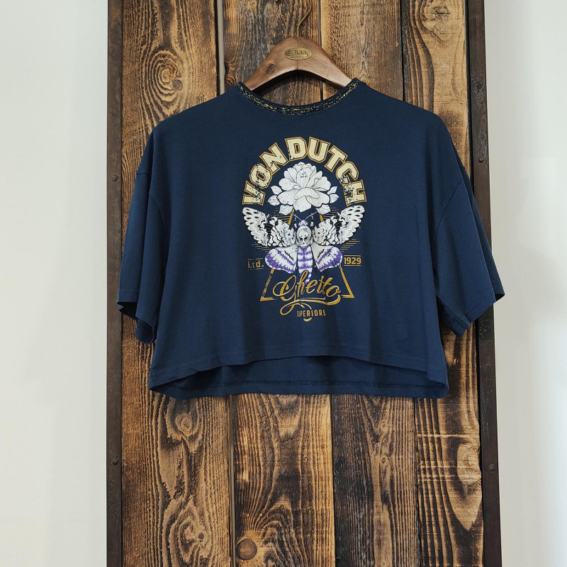 Crop top femme loose avec col constraté et print devant en coton Bu Vondutch - 6