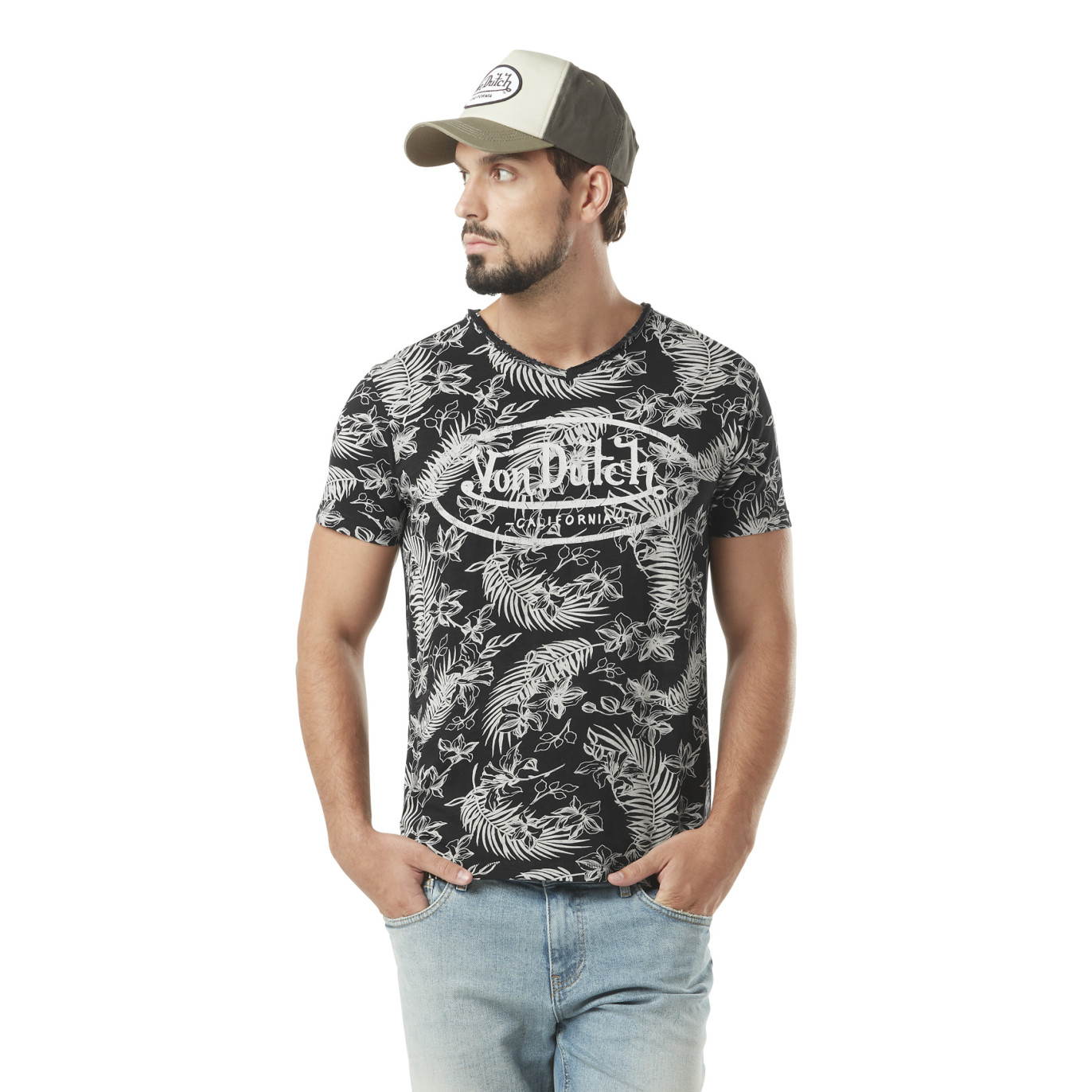 T-shirt homme col v avec traitement en coton Ron Vondutch - 1