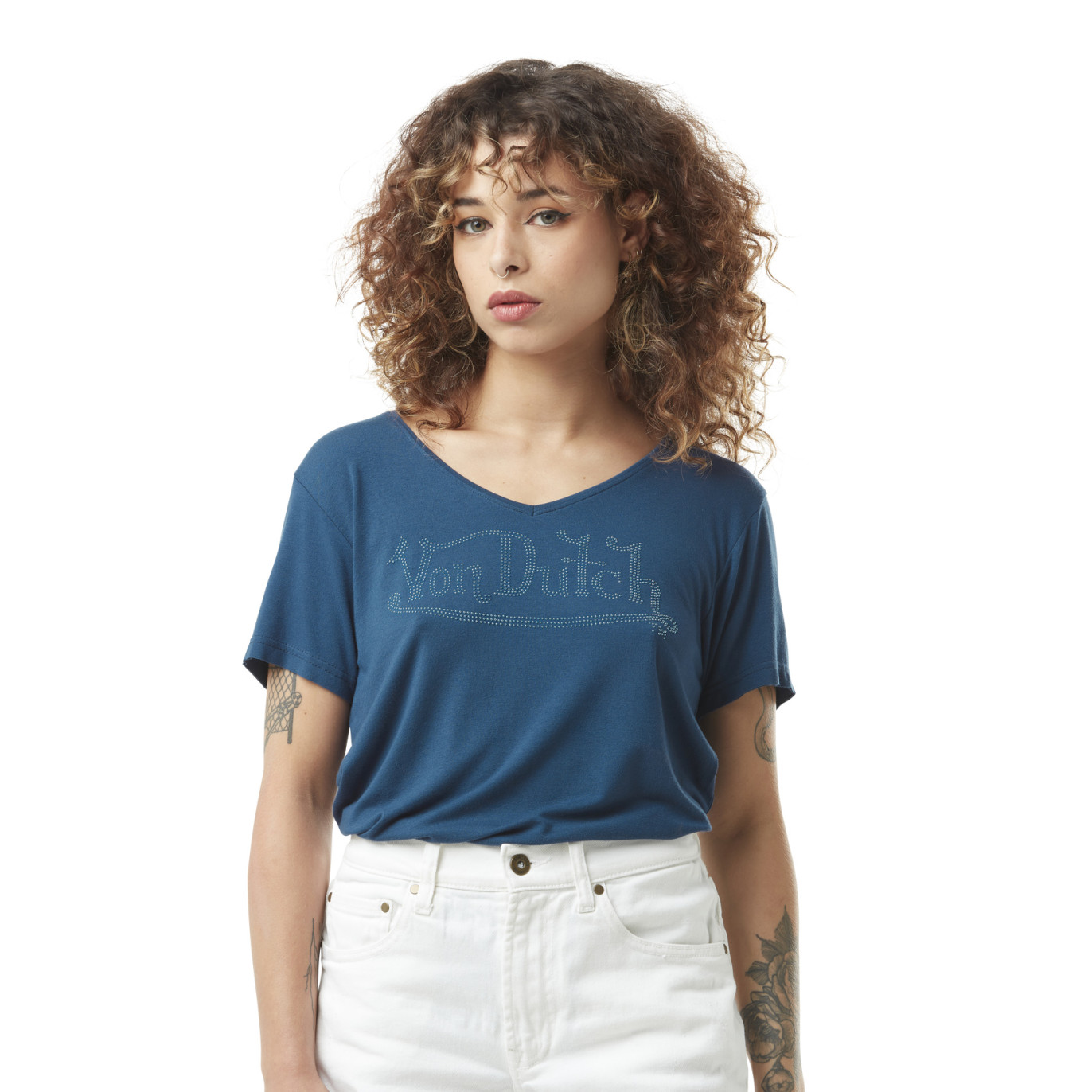 T-shirt femme en col v avec print et strass devant Roan Vondutch - 1