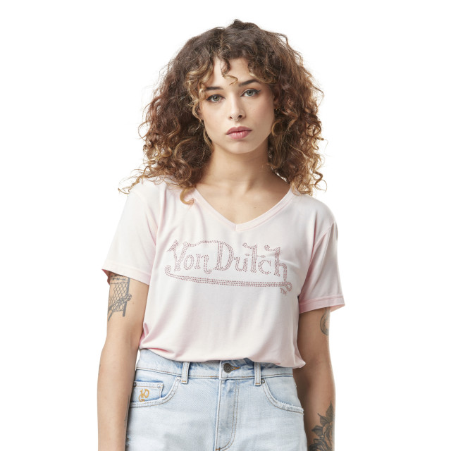 Tee Shirt Rose pale coupe Regular Col V Logo Strass ROAN | Femme - Vondutch Vondutch - 1