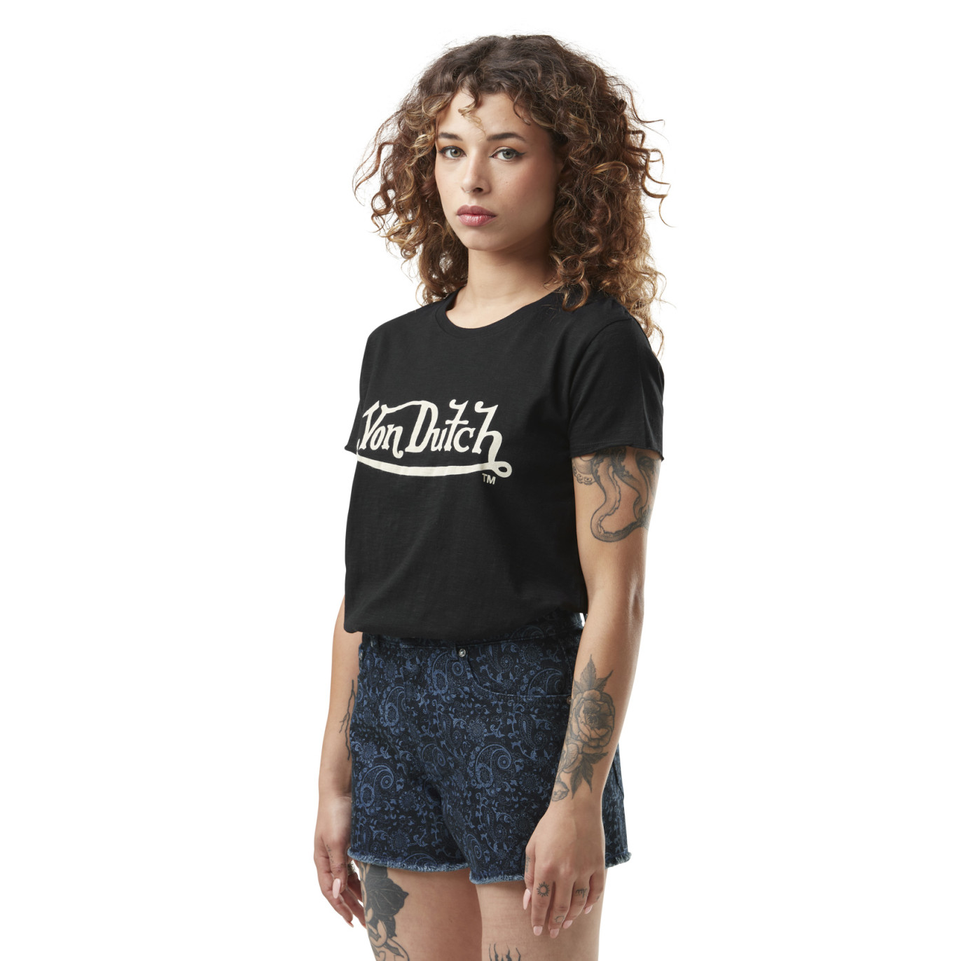 T-shirt femme col rond en slub coton avec print devant Slub Vondutch - 1