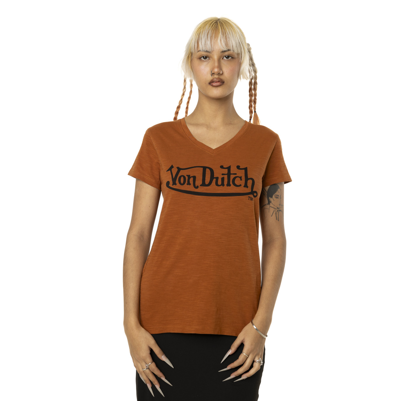 Tee Shirt Marron coupe Regular Col V effet Flammé SLUB | Femme - Vondutch Vondutch - 1