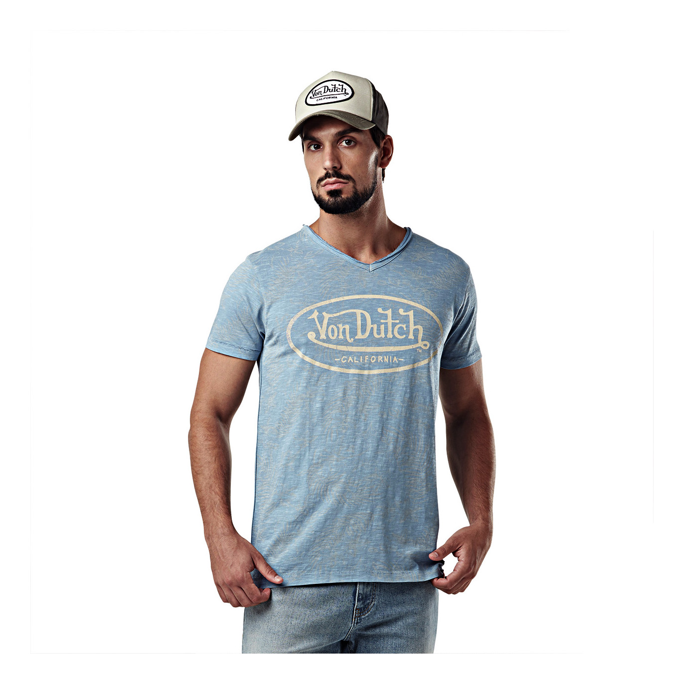 T-shirt homme col v avec traitement en coton Ron Vondutch - 1