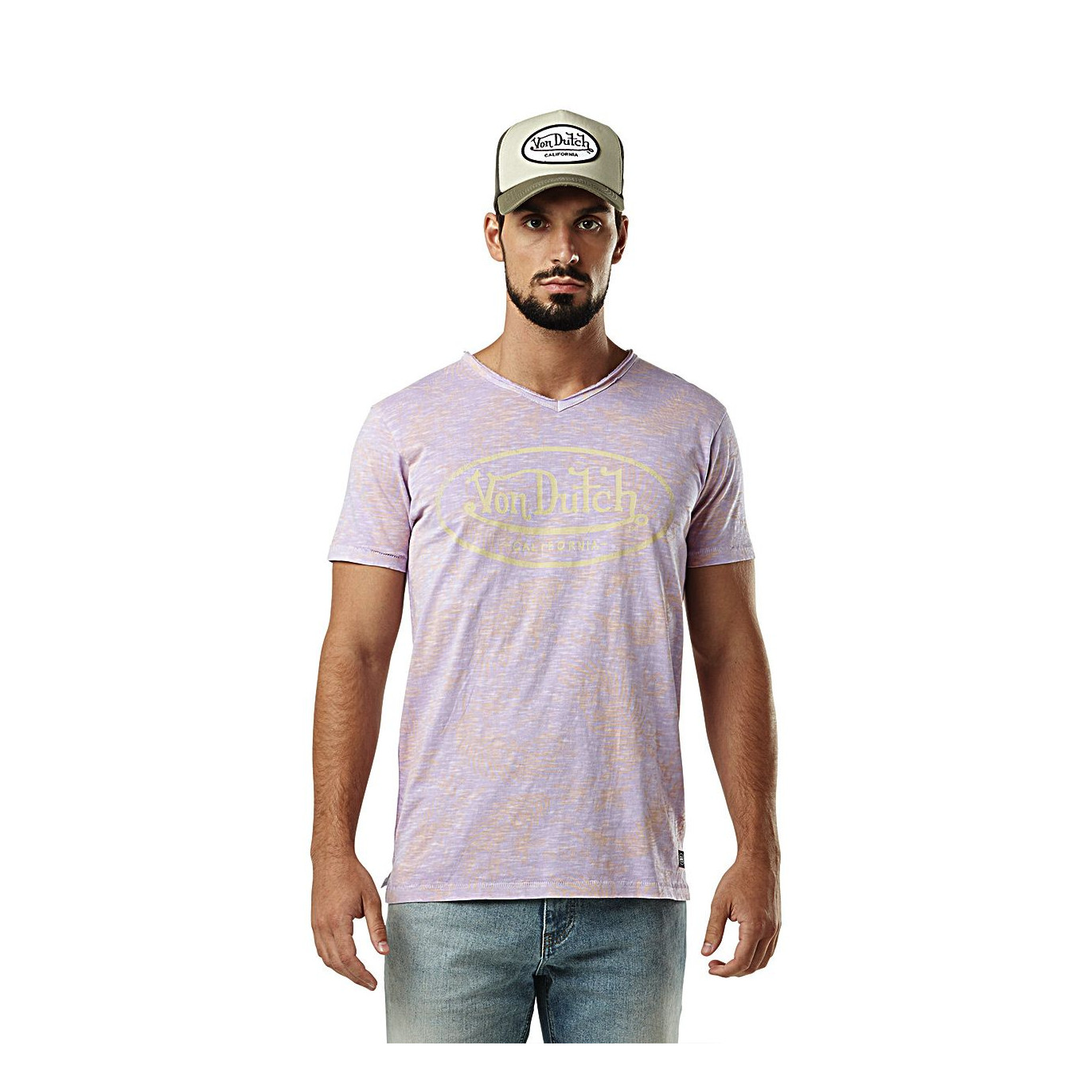 Tee Shirt Violet coupe Regular Col V effet Flammé, Usé RON | Homme - Vondutch Vondutch - 1