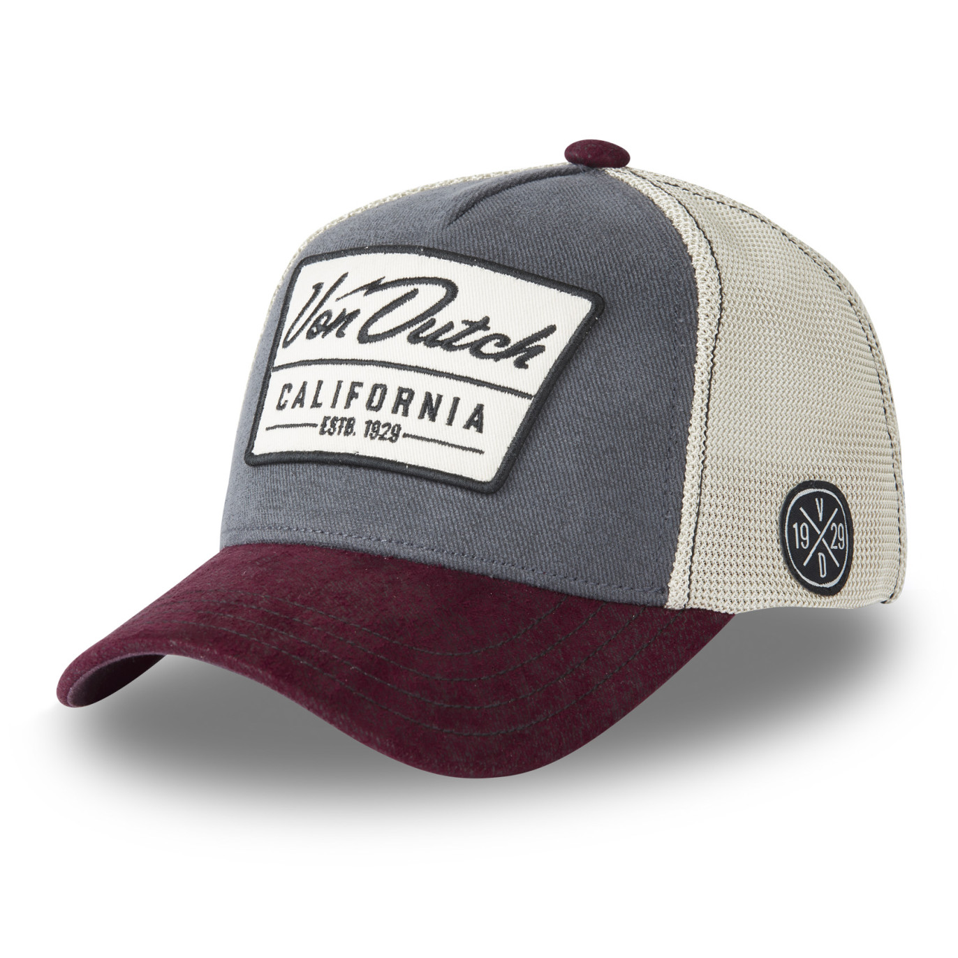 Casquette Vondutch Gris/Rouge/Beige Trucker Snapback en Suedine LEA