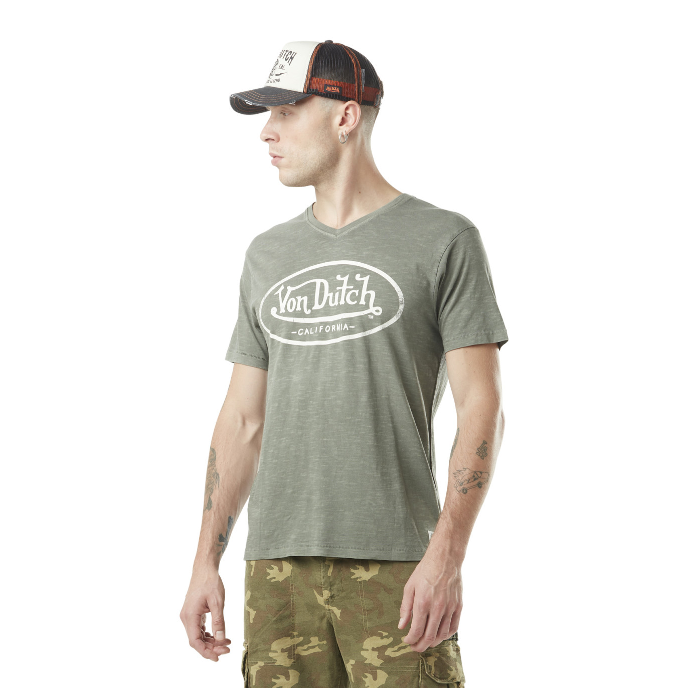 Tee Shirt Vert kaki coupe Regular Col V effet Flammé TYRON | Homme - Vondutch