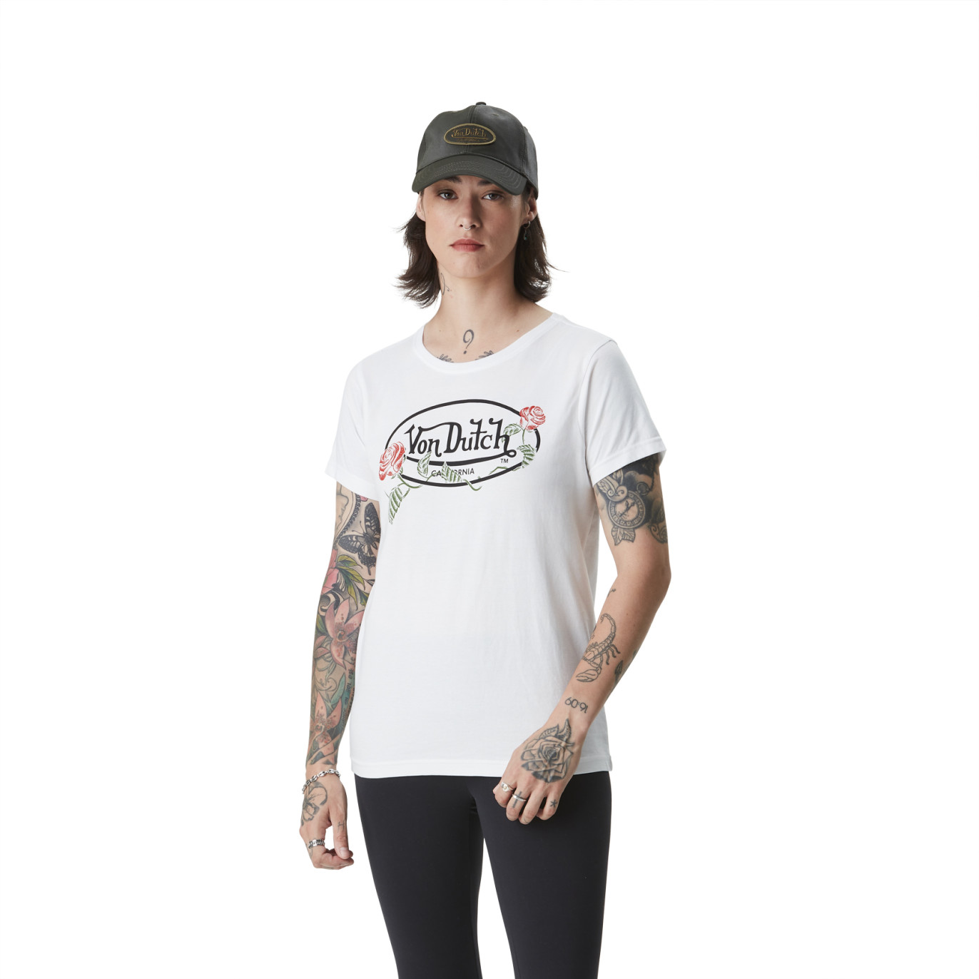 Tee Shirt Blanc coupe Régular Col rond ROSES | Femme - Vondutch