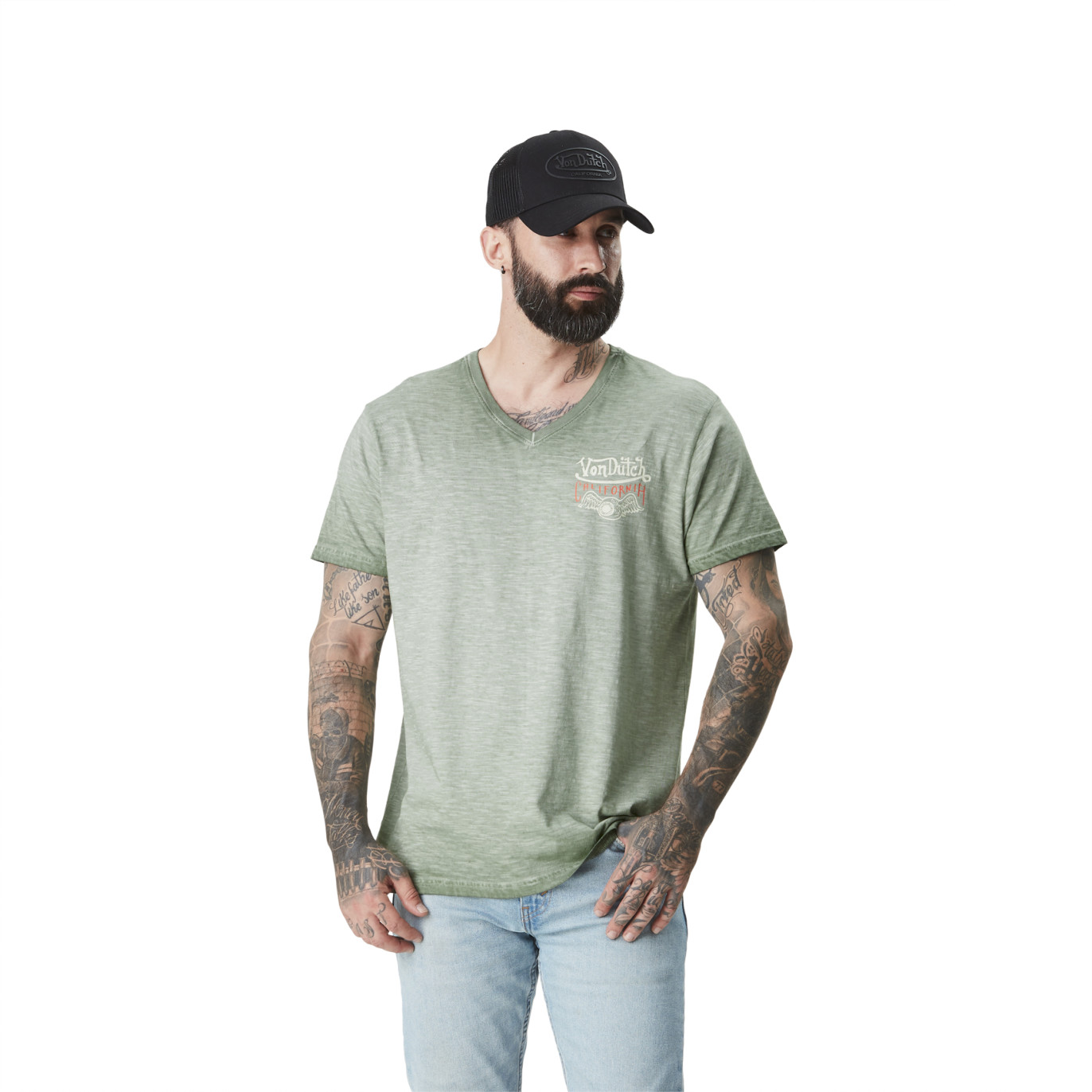 Tee Shirt Kaki coupe Regular Col V effet Chiné, Flammé NAIVE | Homme - Vondutch