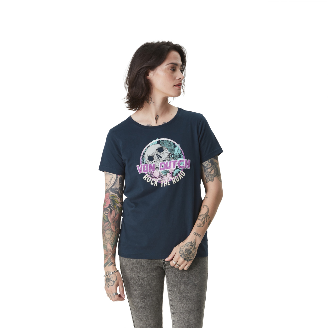 T-shirt femme à col rond avec print et bouclette devant Fleurs