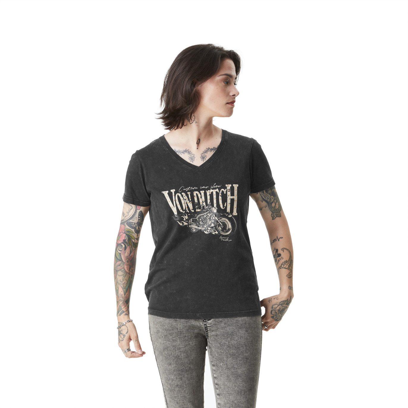 Tee Shirt Gris coupe Regular Col V effet Flammé Racing | Femme - Vondutch