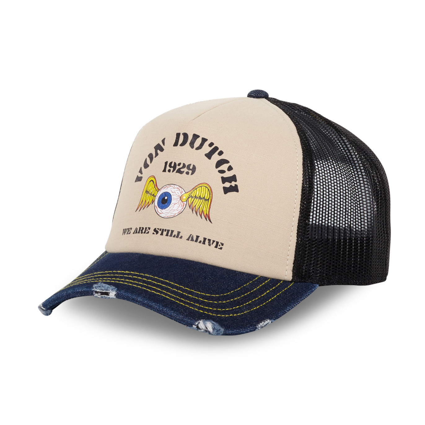 Casquette Vondutch Beige Trucker Snapback Visière en Denim Usé, effet Bambou CREW | Von Dutch