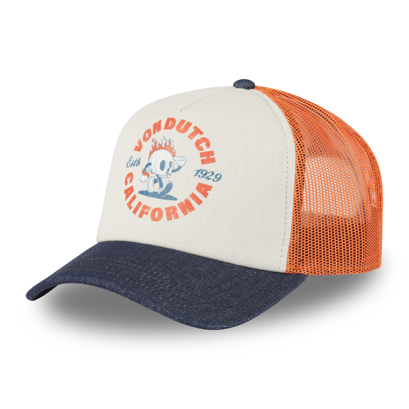 Casquette Vondutch Orange Trucker Snapback Visière en Denim, effet Bambou CREW