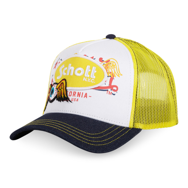Casquette trucker avec filet en twill et denim Schott Patches