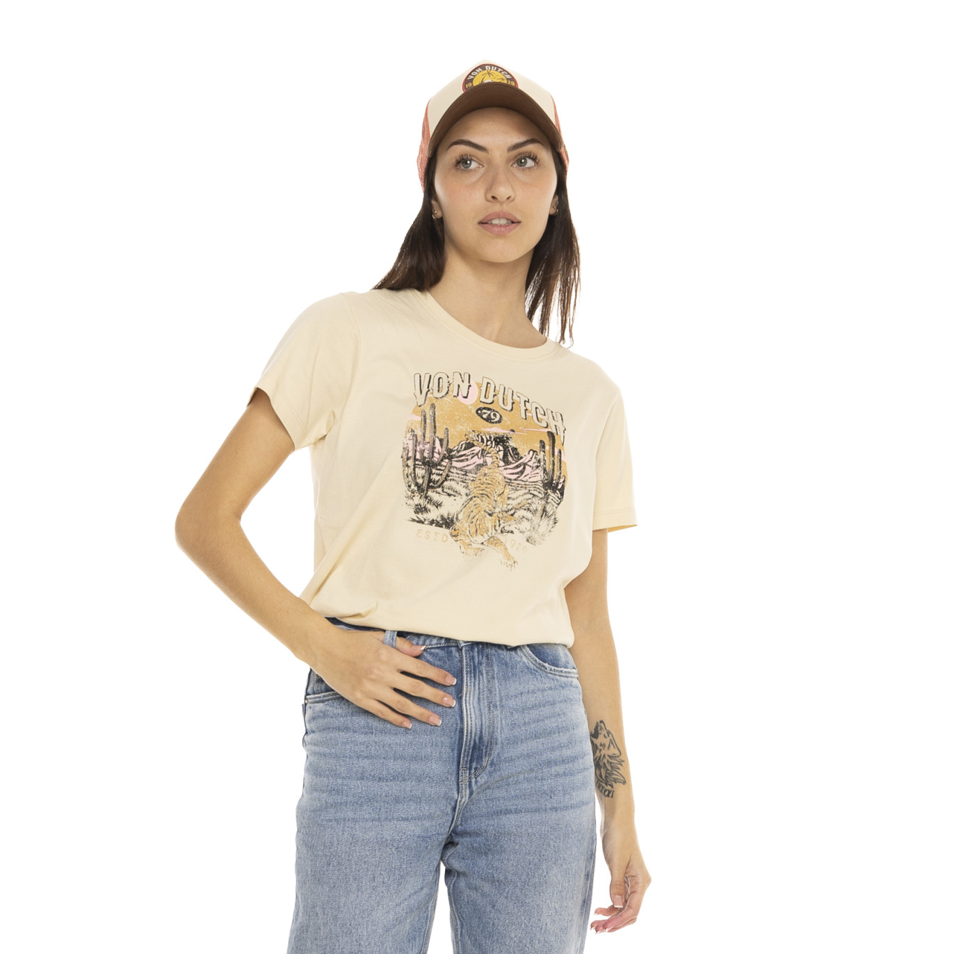 Tee Shirt Beige coupe Regular Col rond effet Usé ARIZONA | Femme - Vondutch | Von Dutch