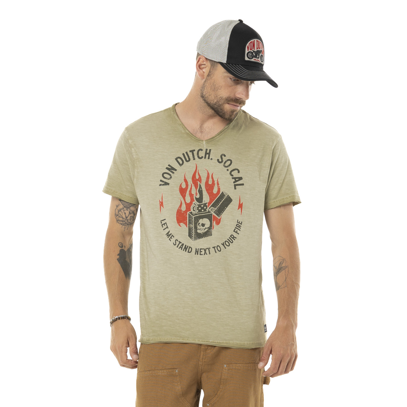 T-shirt homme col V en coton print devant Lighter
