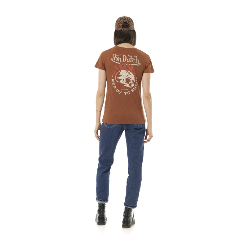 Tee Shirt Marron coupe Régular Col V effet Flammé BURN | Femme - Vondutch | Von Dutch