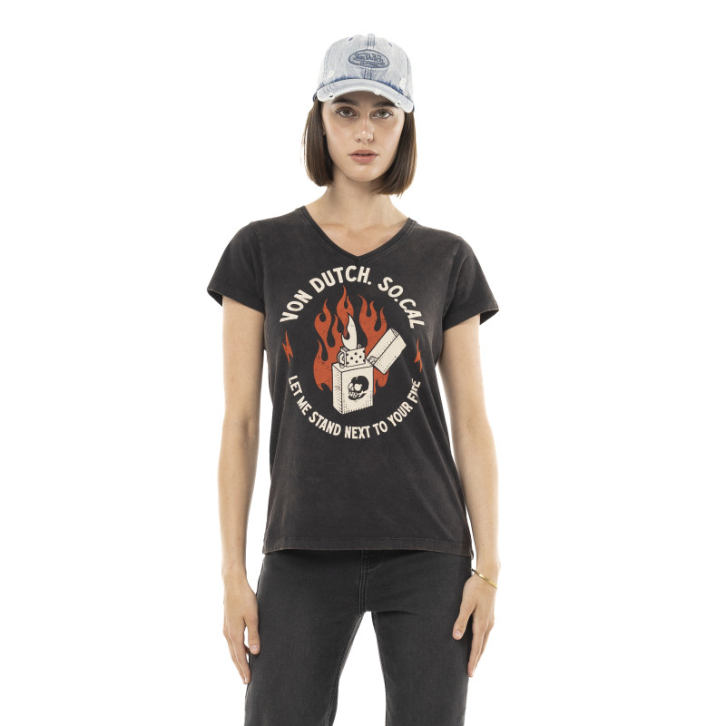 T-shirt femme uni col V avec print devant Fire