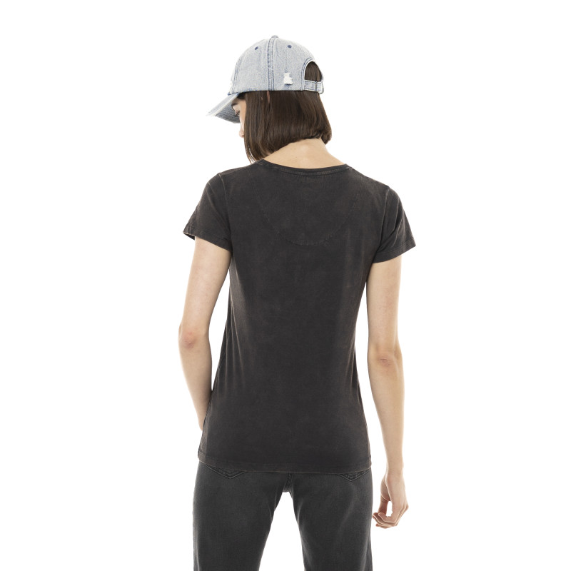 T-shirt femme uni col V avec print devant Fire