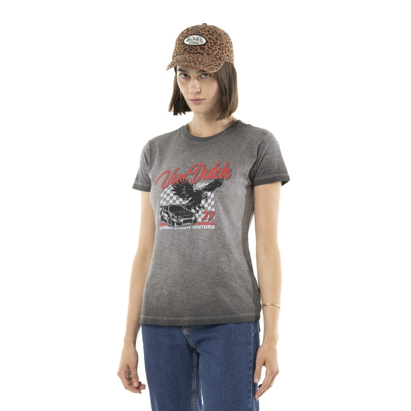 T-shirt femme uni flammé à col rond et print devant Fast