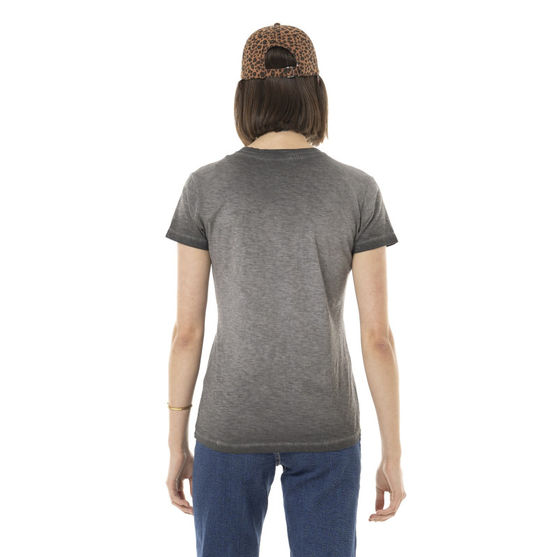 T-shirt femme uni flammé à col rond et print devant Fast