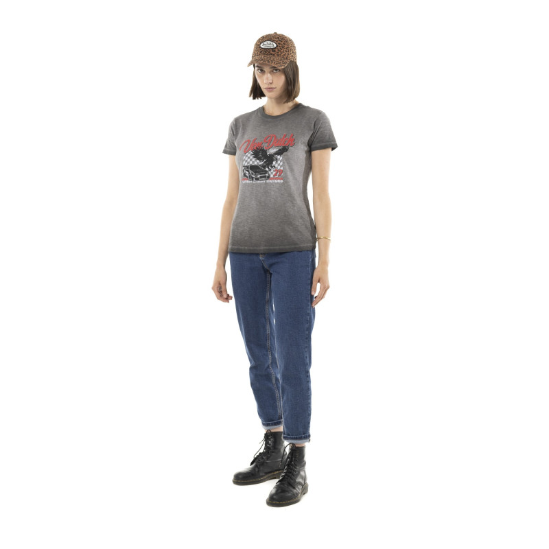 T-shirt femme uni flammé à col rond et print devant Fast