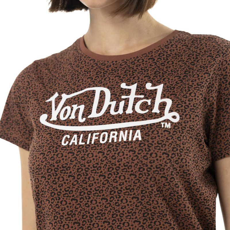 T-shirt femme col rond allover et print devant Leopard