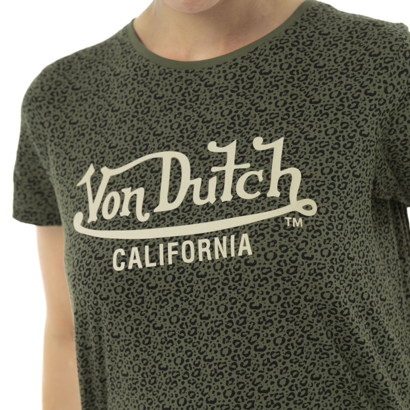 T-shirt femme col rond allover et print devant Leopard