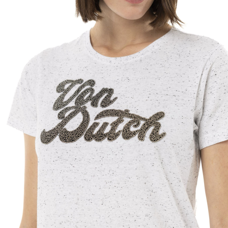 T-shirt femme moucheté col rond et motif perle