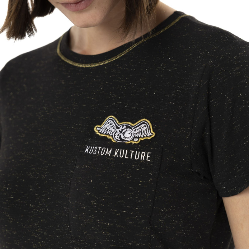 Tee Shirt Noir coupe Régular Col rond effet Strié STRASS | Femme - Vondutch