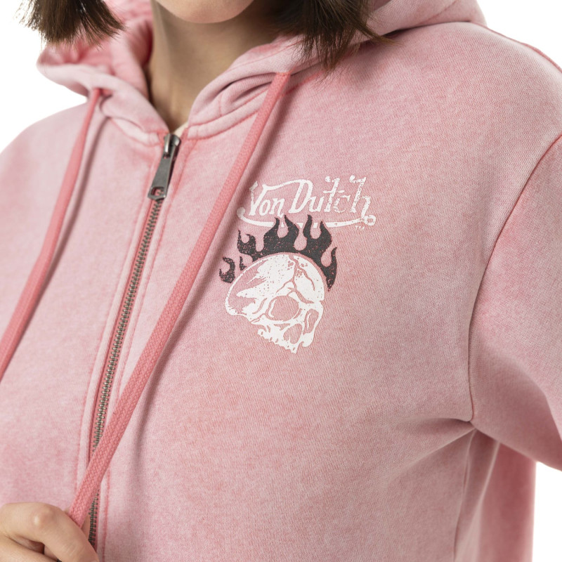 Sweat zippé femme délavé à capuche avec print devant et dos Grunge