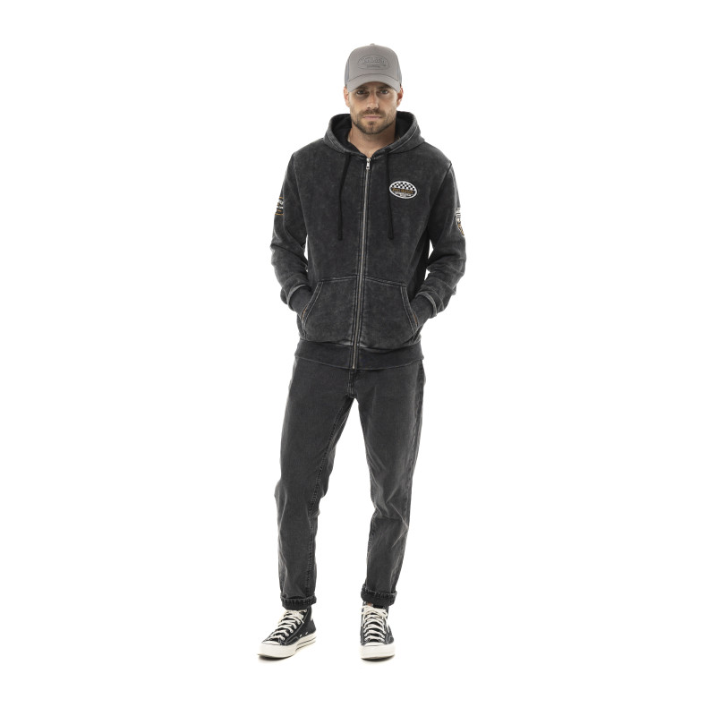 Sweat zippé homme à capuche en molleton et acid wash avec patchs