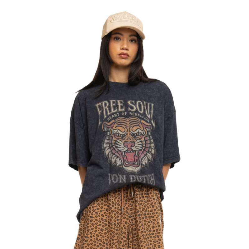 T-shirt femme oversize col rond acid wash print devant et dos Tiger