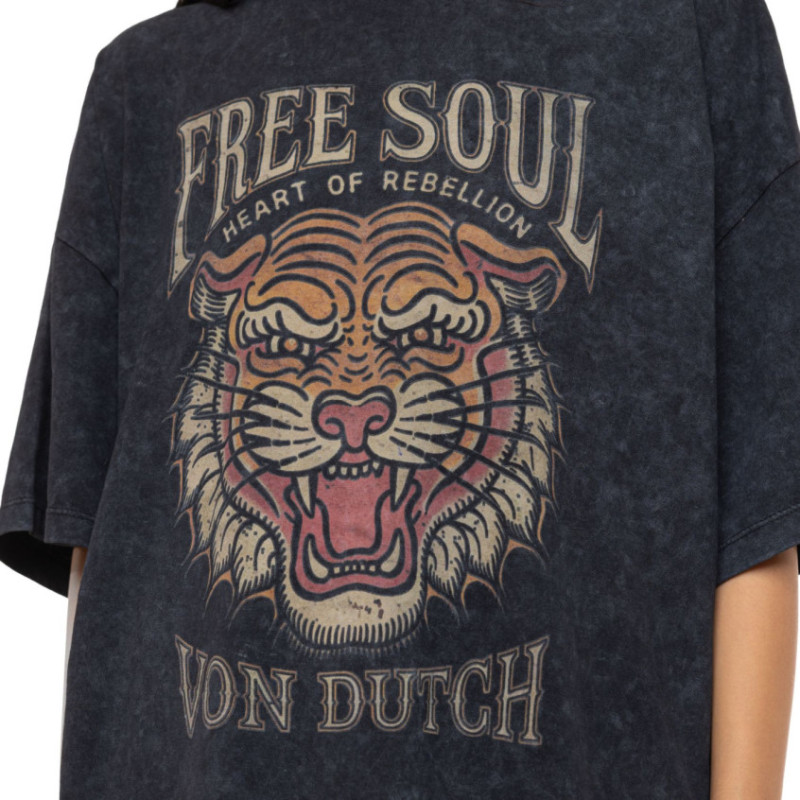 T-shirt femme oversize col rond acid wash print devant et dos Tiger