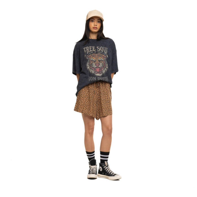 T-shirt femme oversize col rond acid wash print devant et dos Tiger