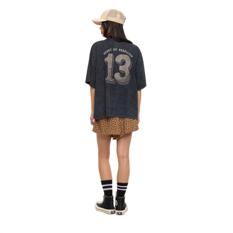 T-shirt femme oversize col rond acid wash print devant et dos Tiger