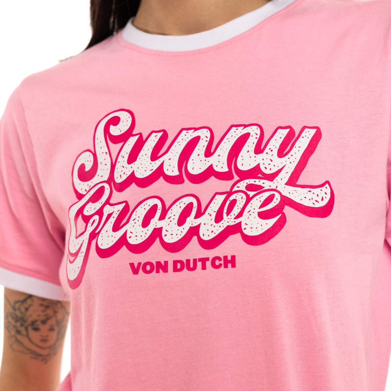 T-shirt femme col rond avec Rib contrastés et print devant Groovy