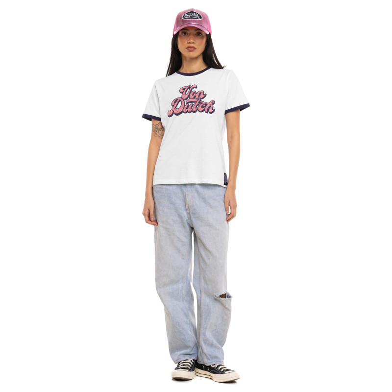 T-shirt femme col rond avec Rib contrastés et print devant Groovy