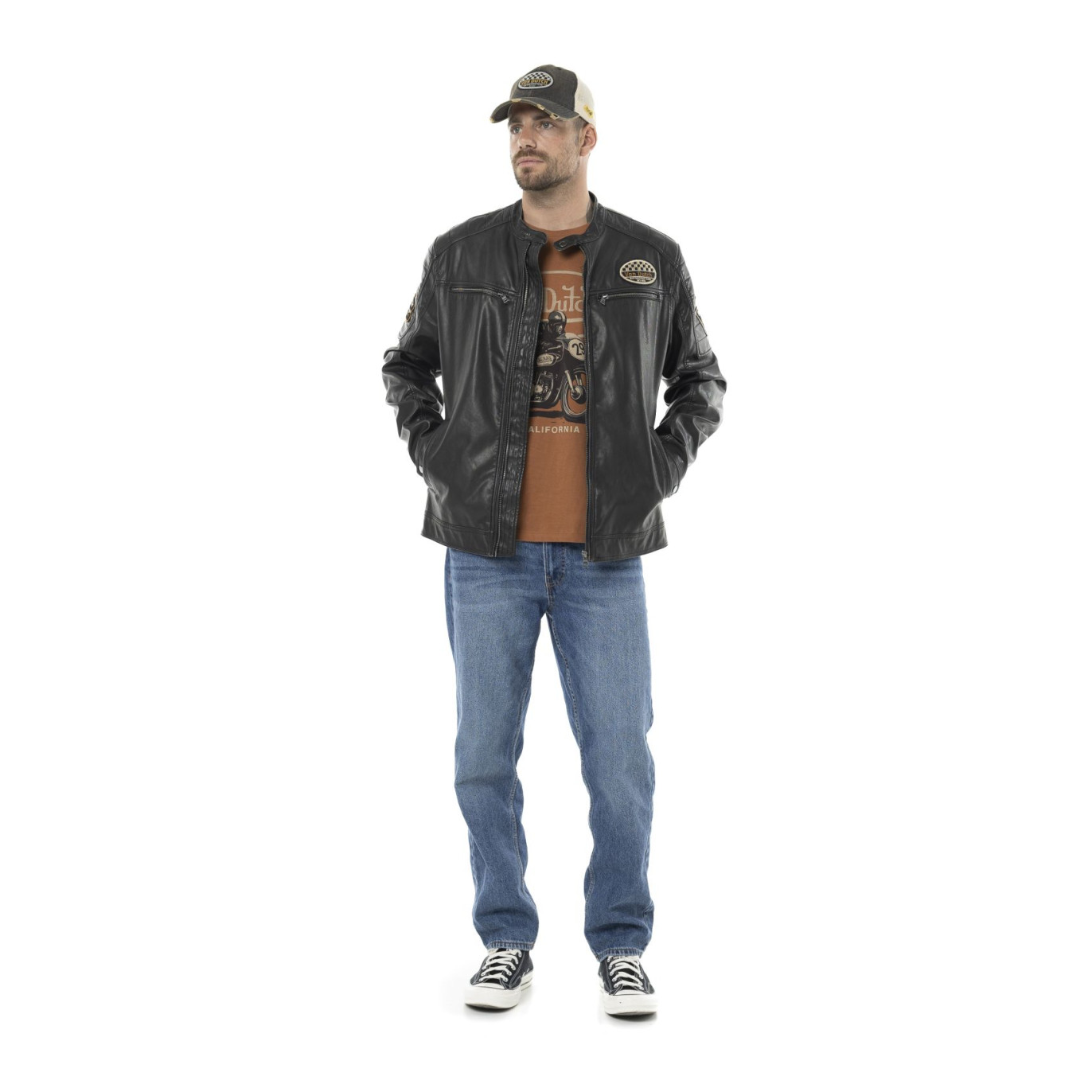 Veste Motard homme en simili poches poitrine et patchs Rider