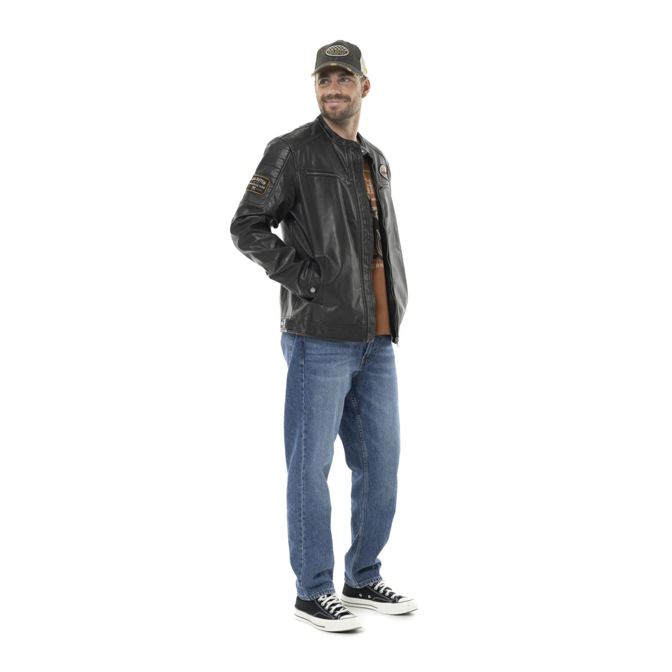 Veste Motard homme en simili poches poitrine et patchs Rider