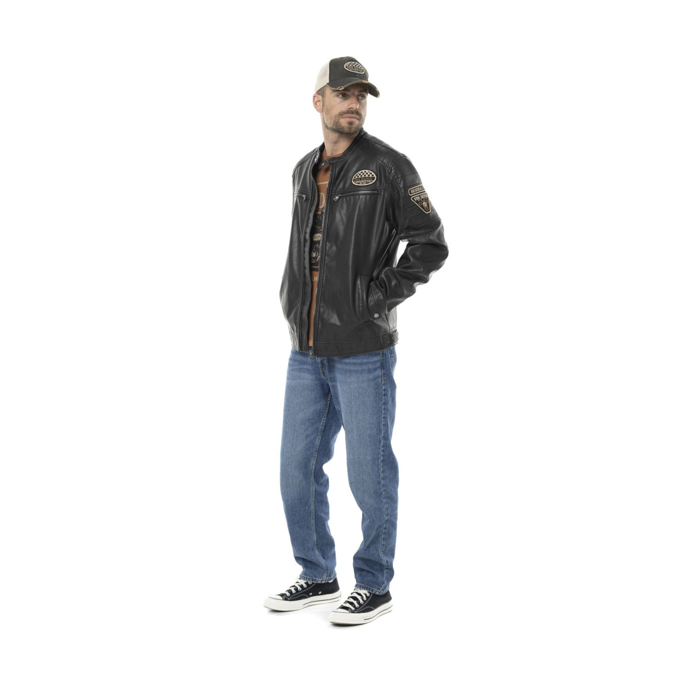 Veste Motard homme en simili poches poitrine et patchs Rider