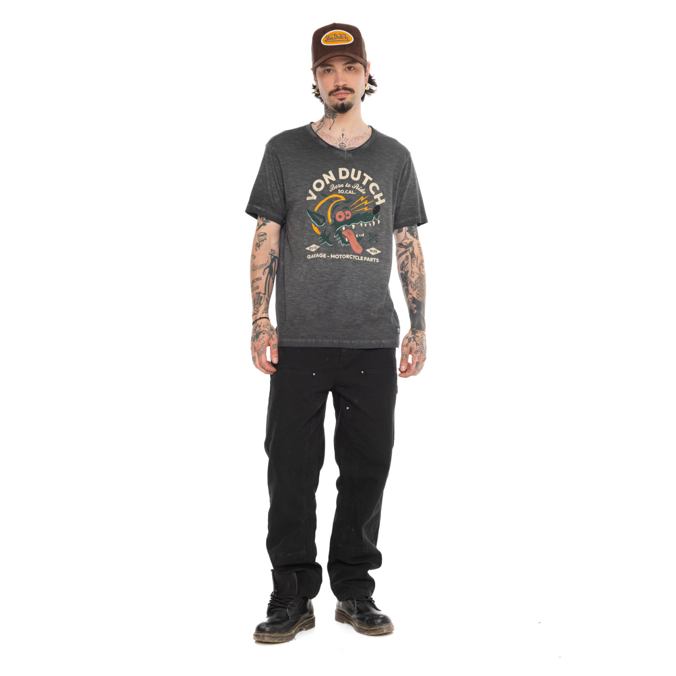 T-shirt homme regular col V en slub avec print devant Wolf