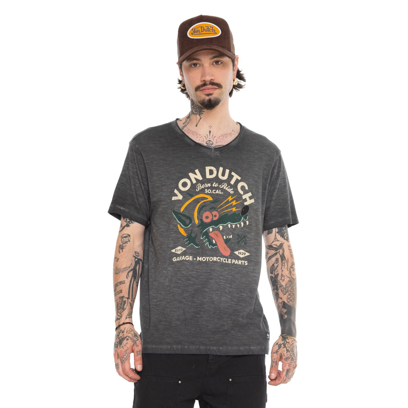 T-shirt homme regular col V en slub avec print devant Wolf