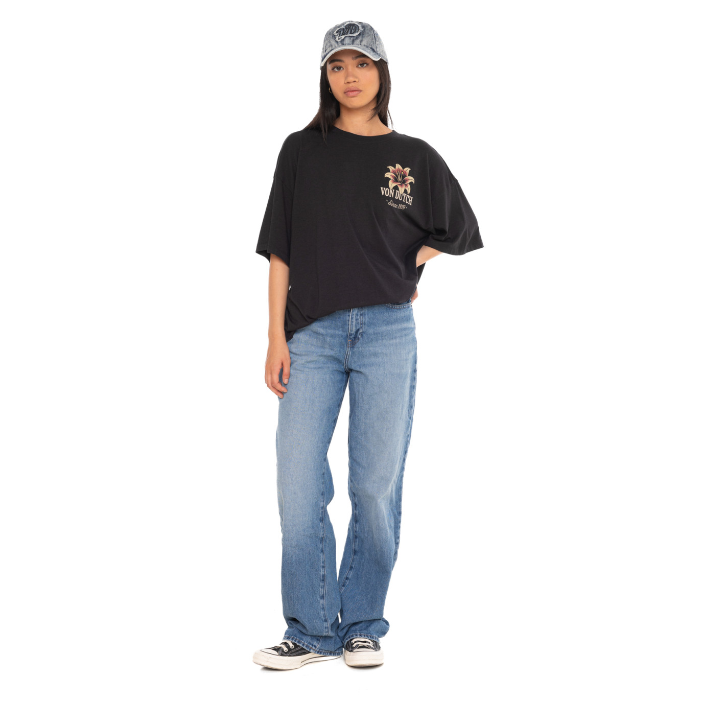 Tee Shirt Noir coupe Oversize Col rond FLOWER | Femme - Vondutch