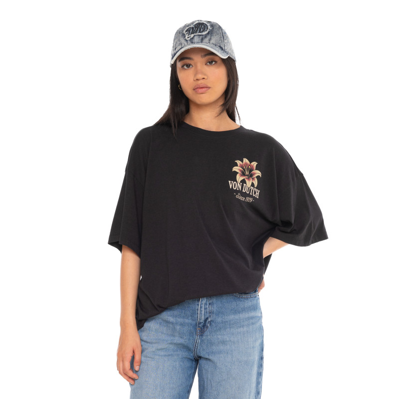 Tee Shirt Noir coupe Oversize Col rond FLOWER | Femme - Vondutch