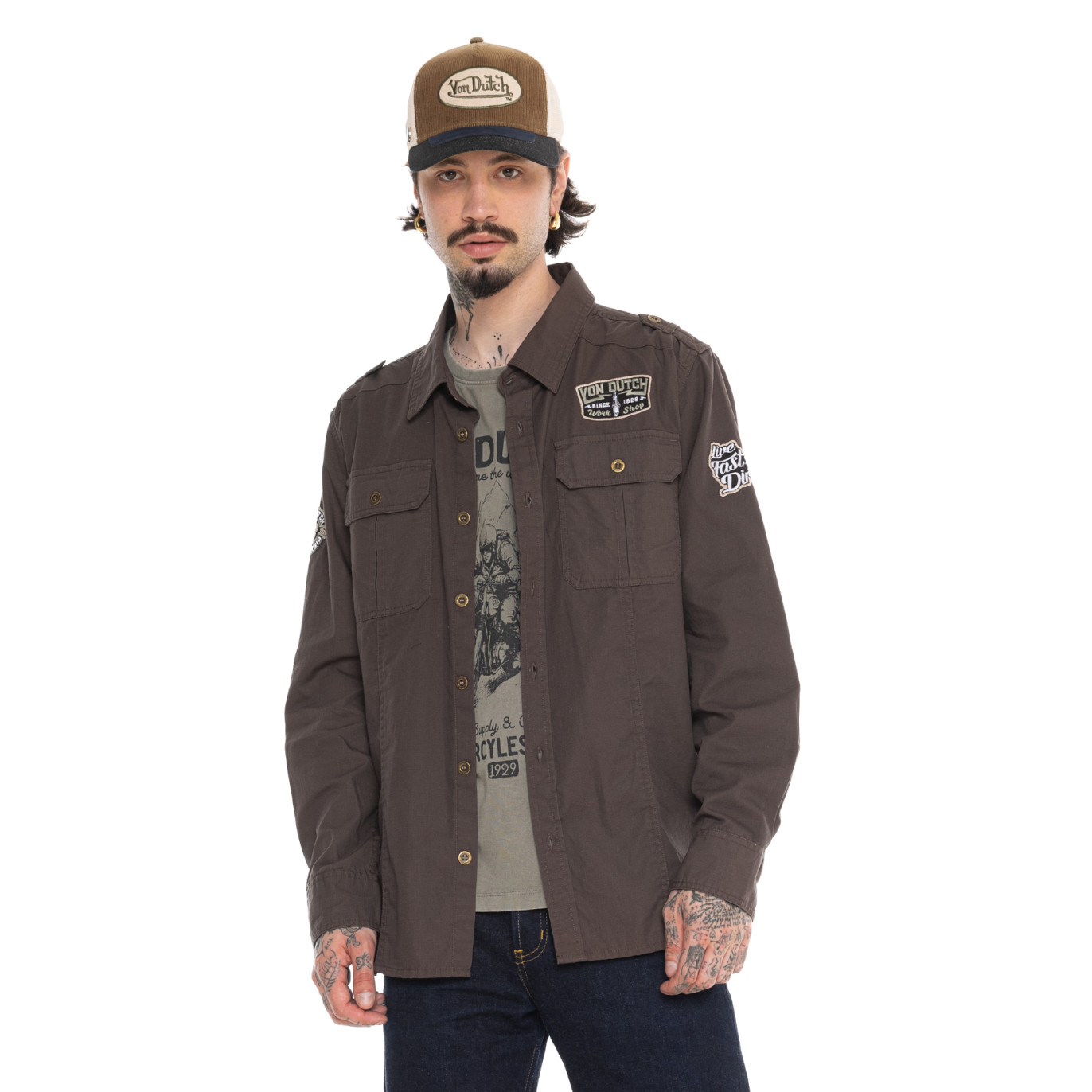 Chemise en Coton coupe Régular Manches longues Marron STOP | homme - Vondutch | Von Dutch