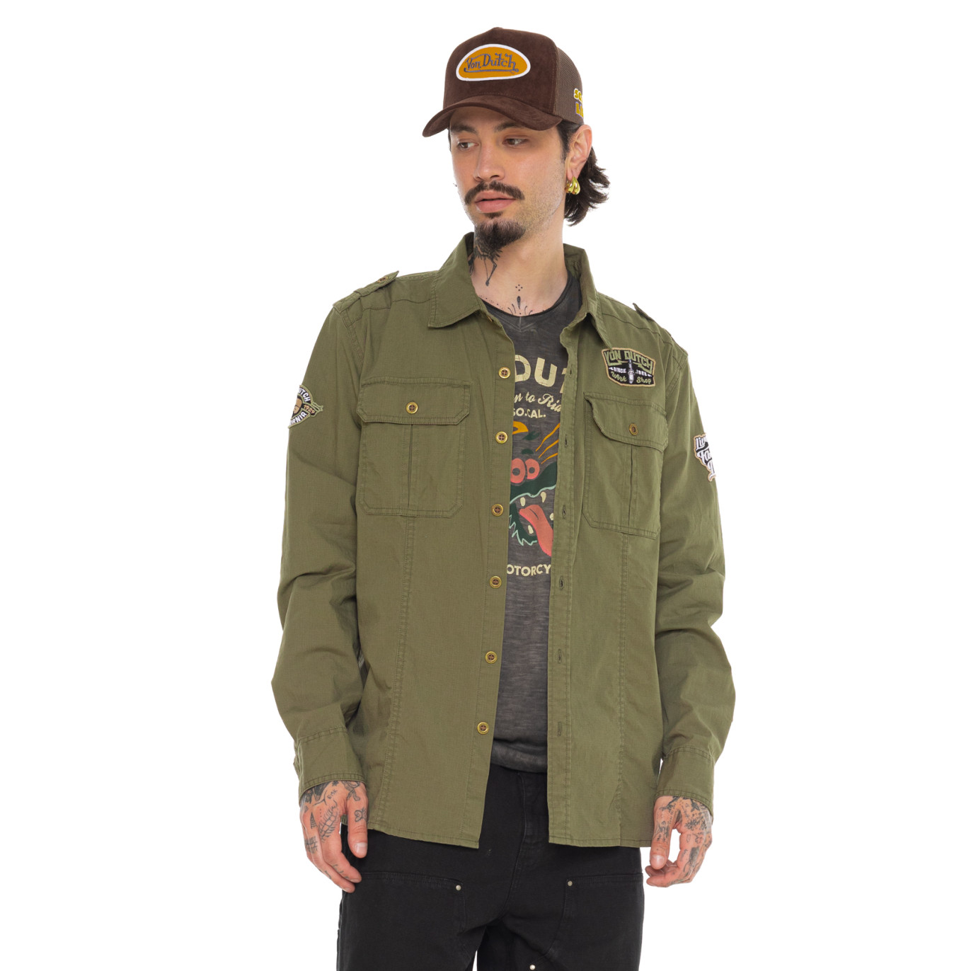 Chemise en Coton coupe Régular Manches longues Kaki STOP | homme - Vondutch | Von Dutch
